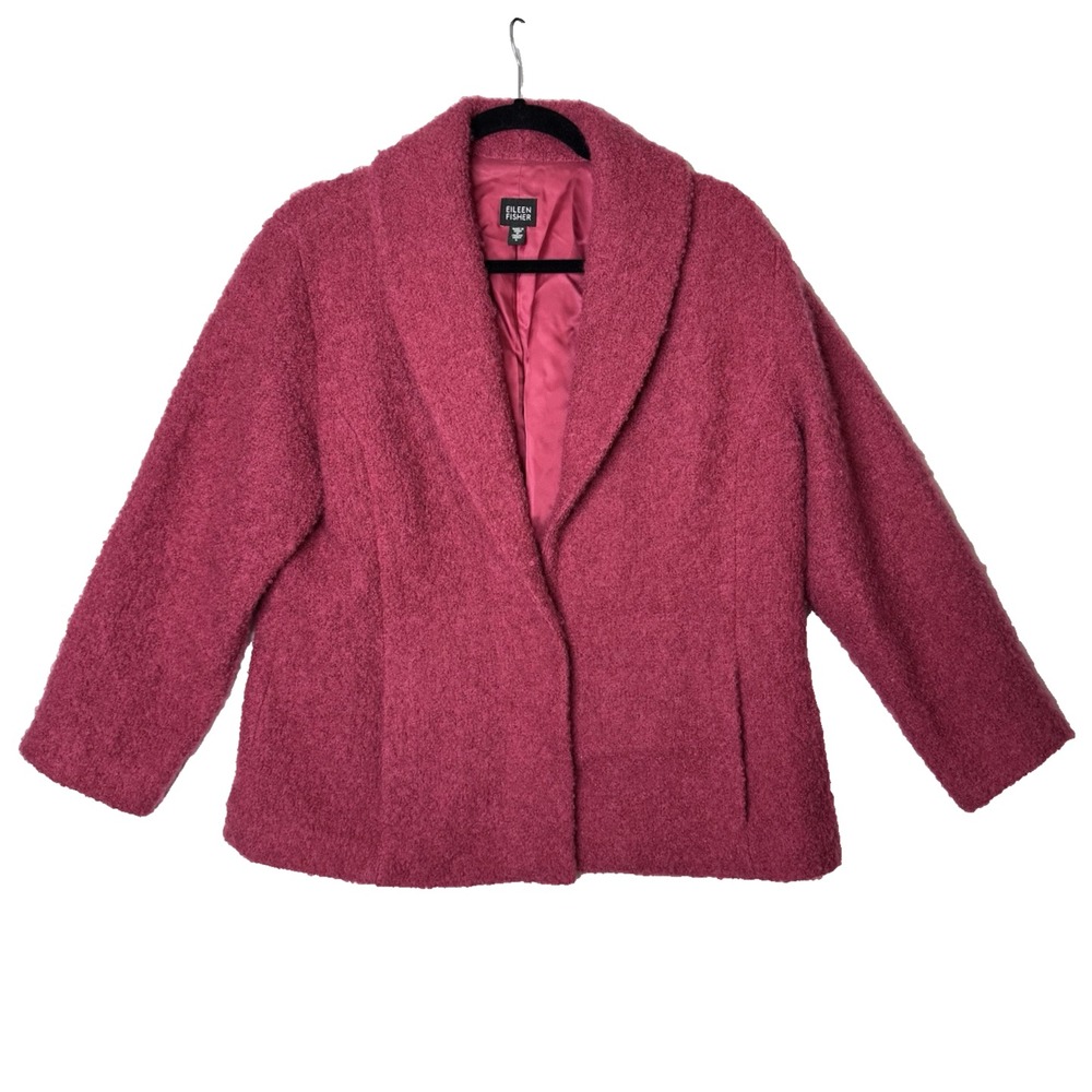 Eileen Fisher Blazer Sz L Teddy Boucle Wool Fuzzy‎ Jacket Red Raspberry Textured